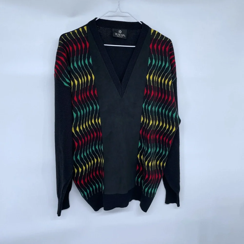 Vintage Tuscan Mens V Neck Sweater Colorful Squiggly Pattern Made in Italy‎ XL
